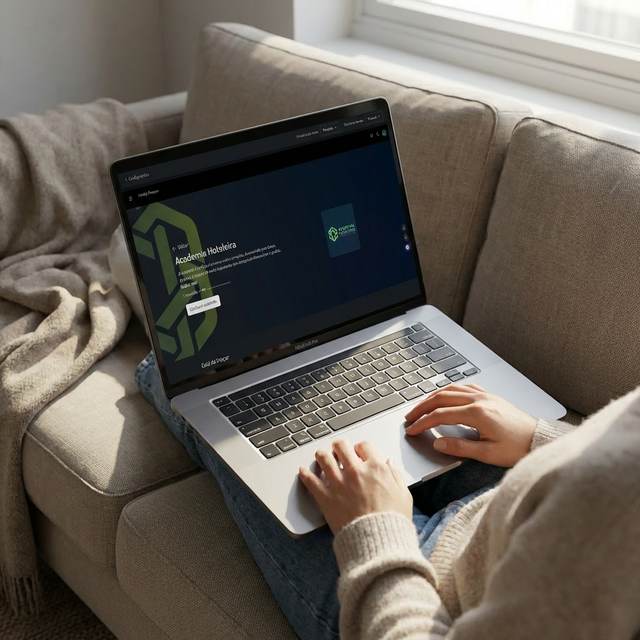 Profissional acompanhando o conteúdo da Academia Hoteleira em um notebook