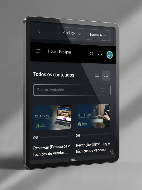 Plataforma da Academia Hoteleira mostrando os módulos de Reservas e Recepção